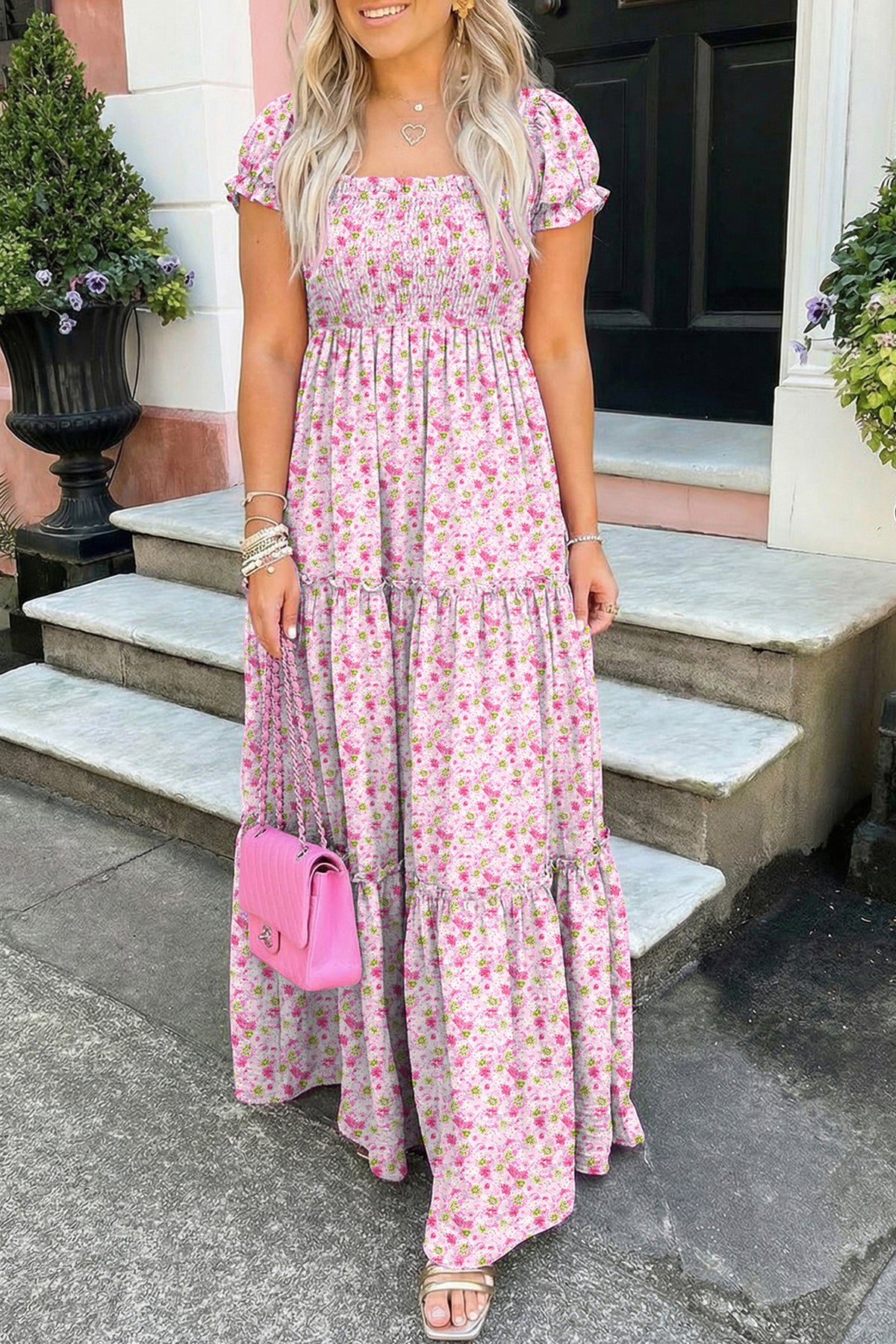 KaleaBoutique Comfortable Floral Short Bubble Sleeve Shirred High Waist Maxi Dress - KaleaBoutique.com