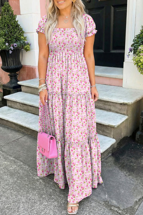 KaleaBoutique Comfortable Floral Short Bubble Sleeve Shirred High Waist Maxi Dress - KaleaBoutique.com