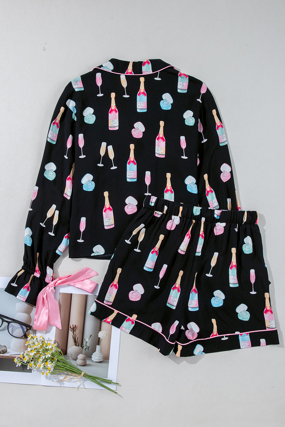 KaleaBoutique Stylish Christmas Wine Glass Print Bow Knot Two Piece Pajama Set - KaleaBoutique.com