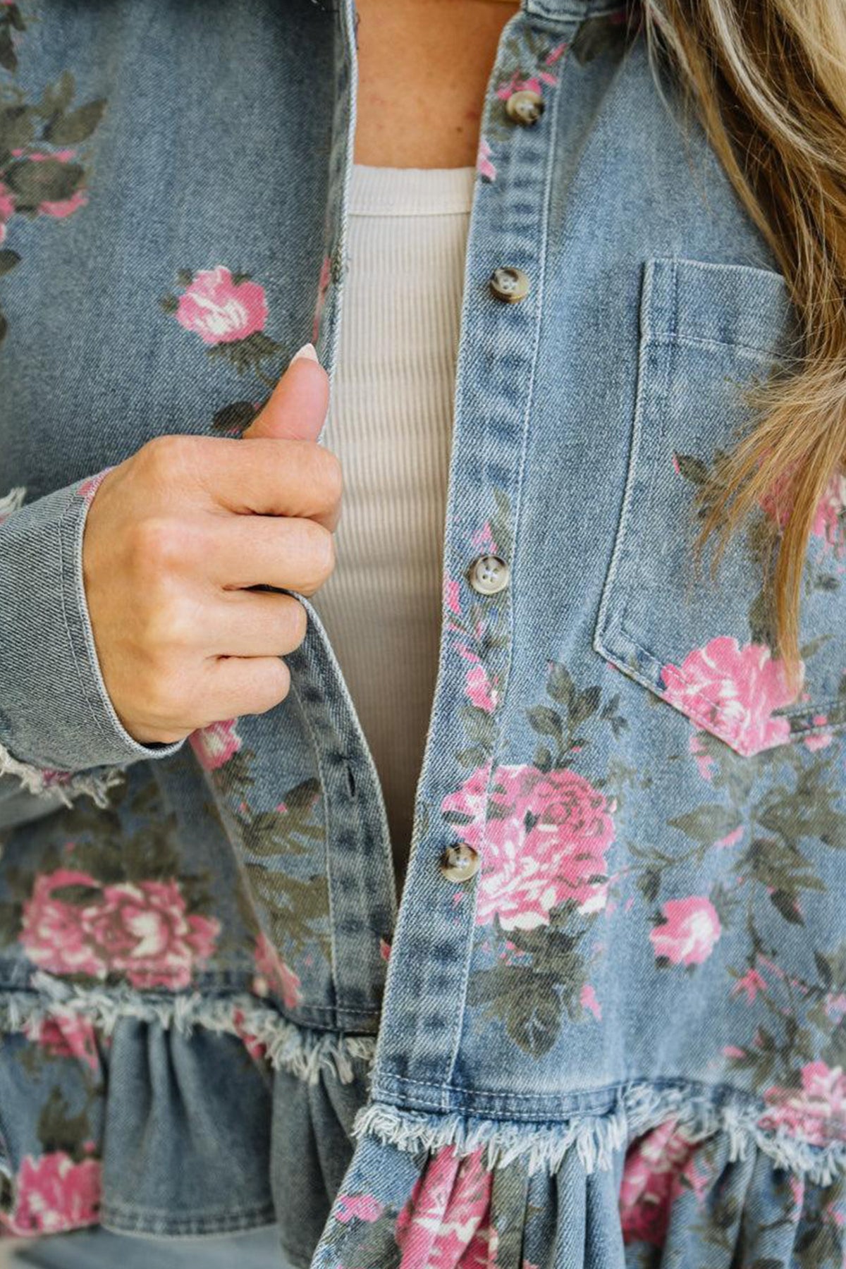 Floral Print Raw Seam Ruffle Hem Denim Jacket - KaleaBoutique.com