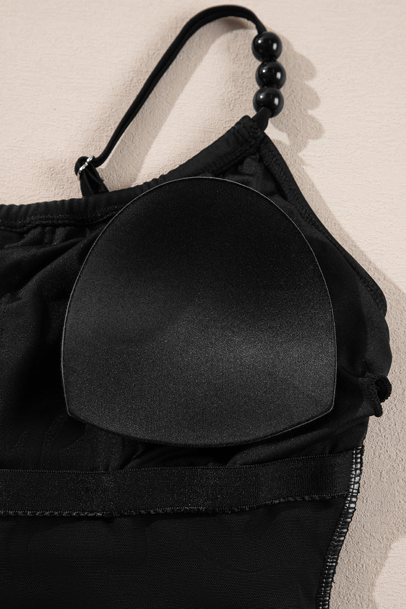 KaleaBoutique Beaded Spaghetti Straps Ruched Overlapped Colorblock One Piece Swimsuit - KaleaBoutique.com