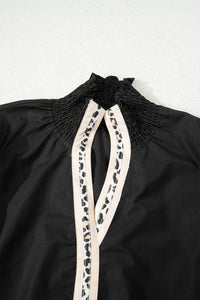 KaleaBoutique Stylish Puffy Flounce Sleeve Leopard Trim V Neck Blouse - KaleaBoutique.com