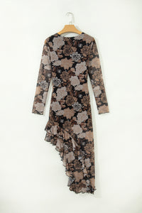 KaleaBoutique Stylish Floral Long Sleeve Asymmetric Ruffle Split Hem Mesh Dress - KaleaBoutique.com