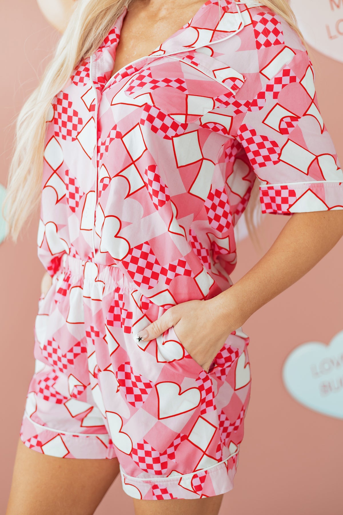 KaleaBoutique Comfortable Heart Print Shirt Style Silky Short Pajama Set - KaleaBoutique.com