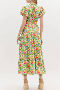 KaleaBoutique Comfortable Floral Print V Neck Short Puff Sleeve Cotton Maxi Dress - KaleaBoutique.com