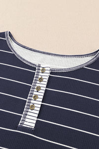 KaleaBoutique Stylish Striped Buttoned Henley Waffle Knit Top - KaleaBoutique.com