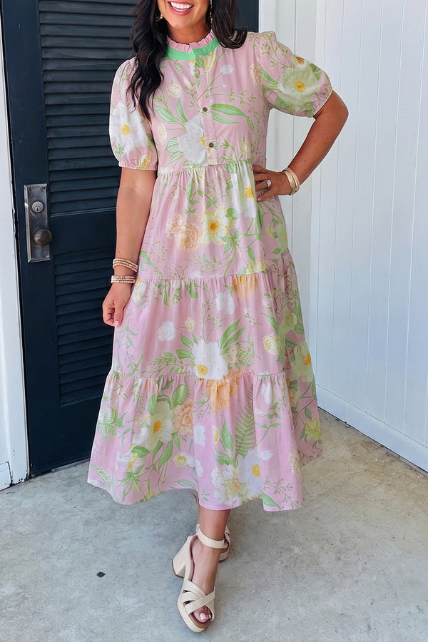 KaleaBoutique Comfortable Floral Print Short Puff Sleeve High Waist Tiered Maxi Dress - KaleaBoutique.com