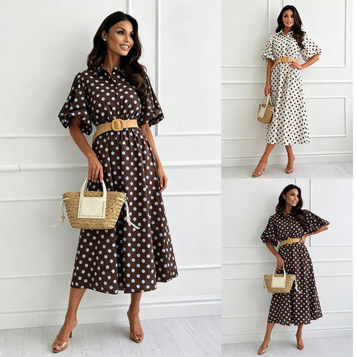 Women's Polka-Dot Collared Puff-Sleeve Midi Dress - KaleaBoutique.com