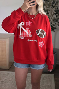KaleaBoutique Stylish Gingham Patch Embroidered Rugby Game Day Stars Sweatshirt - KaleaBoutique.com