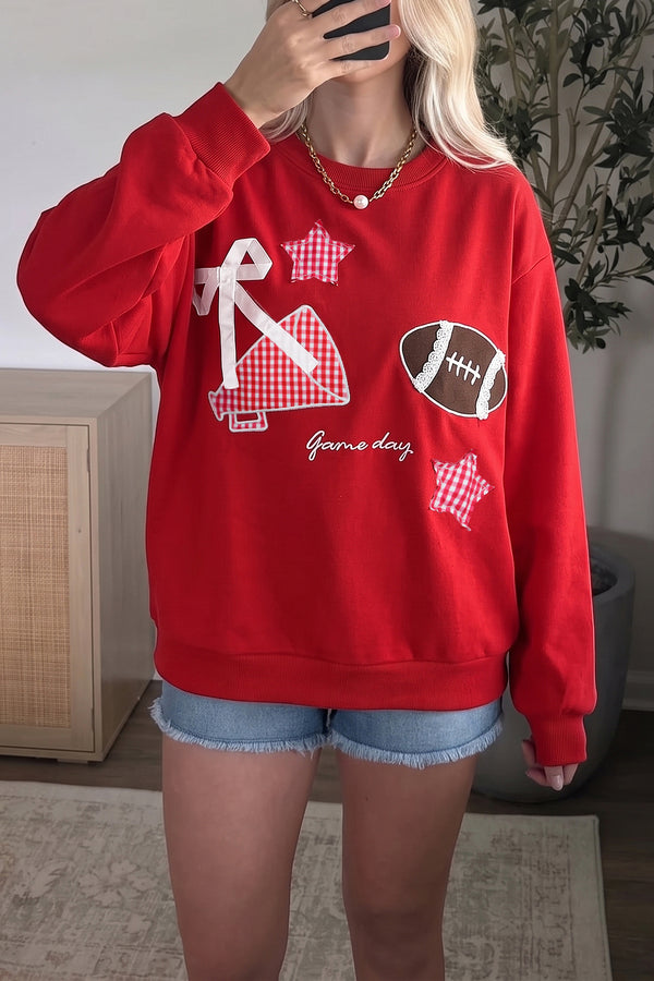KaleaBoutique Stylish Gingham Patch Embroidered Rugby Game Day Stars Sweatshirt - KaleaBoutique.com