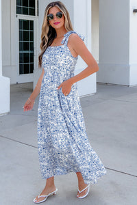 KaleaBoutique Stylish Floral Print Knot Straps High Waist Flared Maxi Dress - KaleaBoutique.com