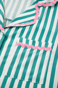 KaleaBoutique Stylish Contrast Ricrac Trim Long Sleeve Shirt Drawstring Ruffled Pajama Short Set - KaleaBoutique.com