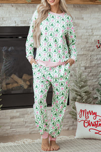 KaleaBoutique Comfortable Bow Christmas Tree Print Contrast Striped Banding 2pcs Lounge Set - KaleaBoutique.com