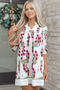 KaleaBoutique Stylish Frilled V Neck 3/4 Sleeve Loose Floral Dress - KaleaBoutique.com