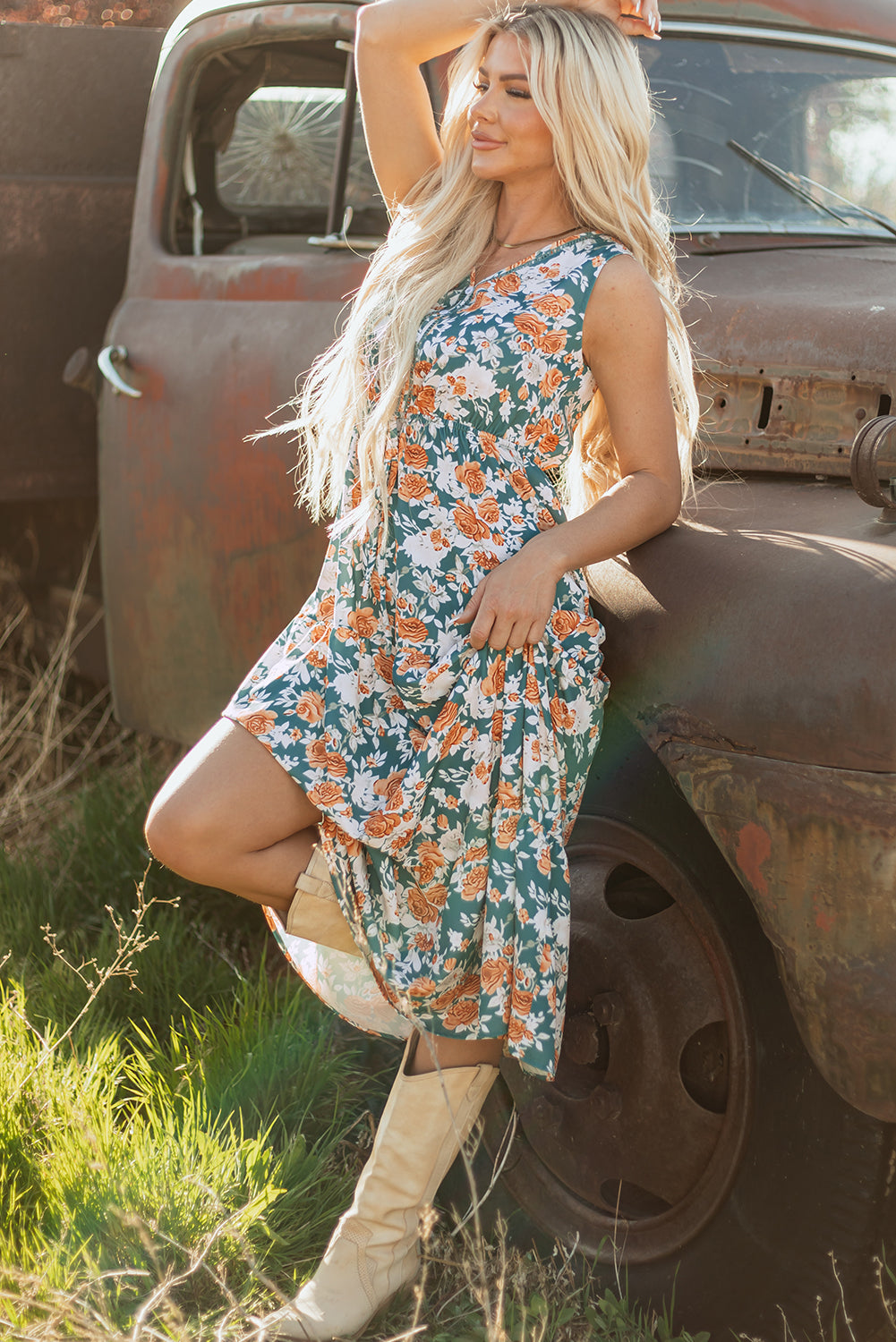 KaleaBoutique Stylish Floral Print Trimmed V Neck Tie Waist Sleeveless Holiday Long Dress - KaleaBoutique.com