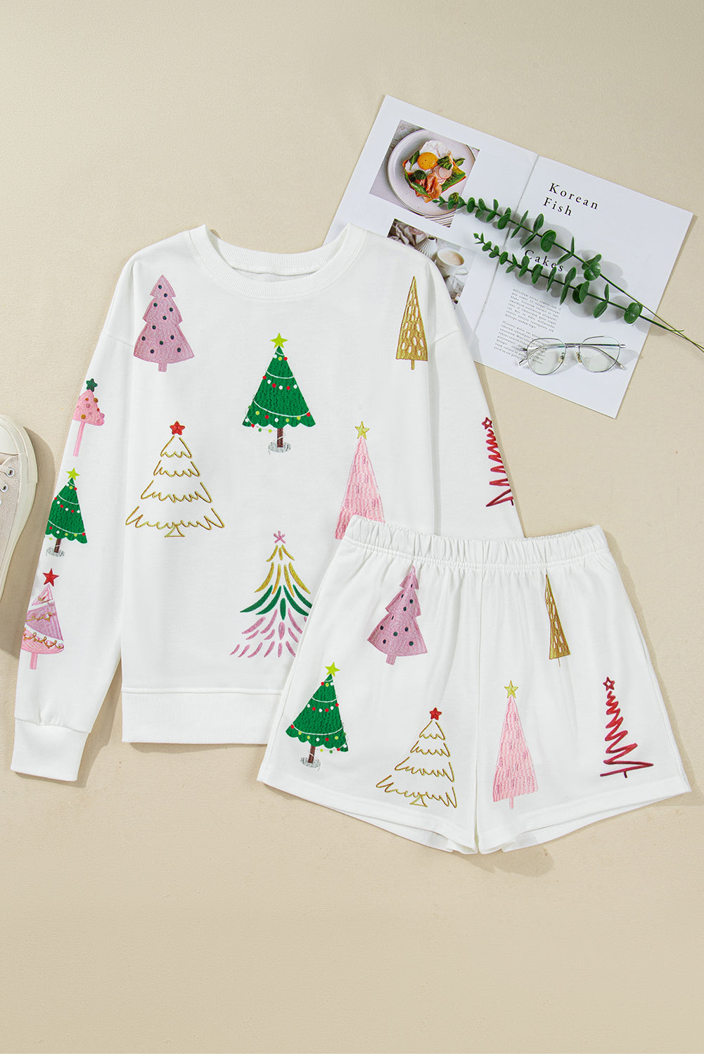 KaleaBoutique Stylish Multi Christmas Tree Long Sleeve Top and Shorts 2pcs Lounge Set - KaleaBoutique.com
