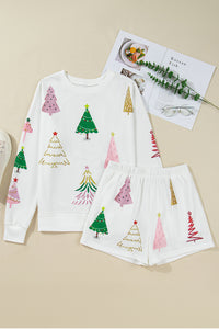 KaleaBoutique Stylish Multi Christmas Tree Long Sleeve Top and Shorts 2pcs Lounge Set - KaleaBoutique.com