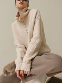 Women's Khaki Ribbed Zip-Front Collared Cardigan - KaleaBoutique.com