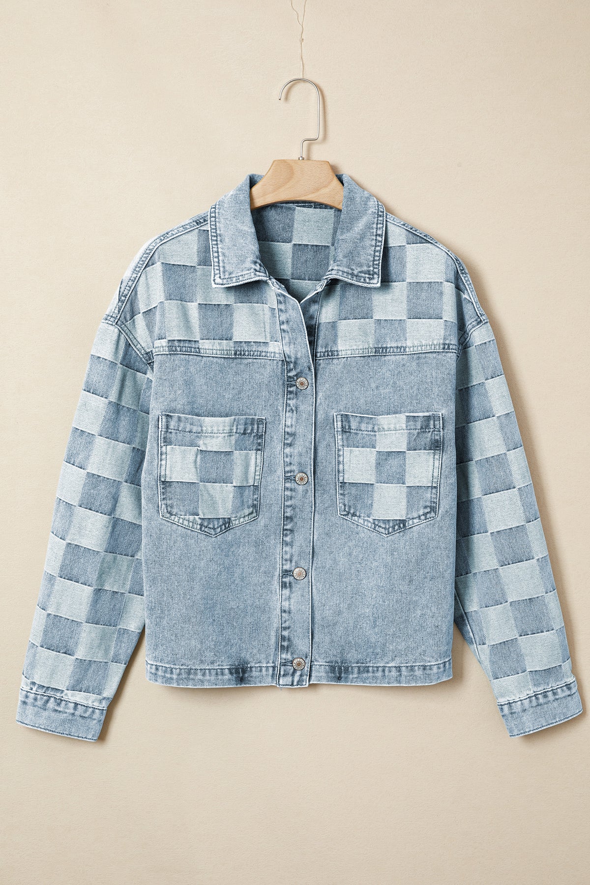 Denim Checkered Pattern Patchwork Womens Casual Jacket - KaleaBoutique.com
