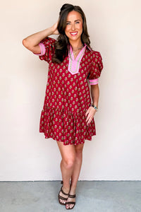 Floral Print Contrasted V Neck Short Bubble Sleeve Mini Dress - KaleaBoutique.com