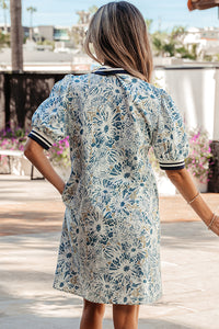 KaleaBoutique Stylish Floral Print Striped Webbing Patchwork Collar Short Sleeve Mini Dress - KaleaBoutique.com