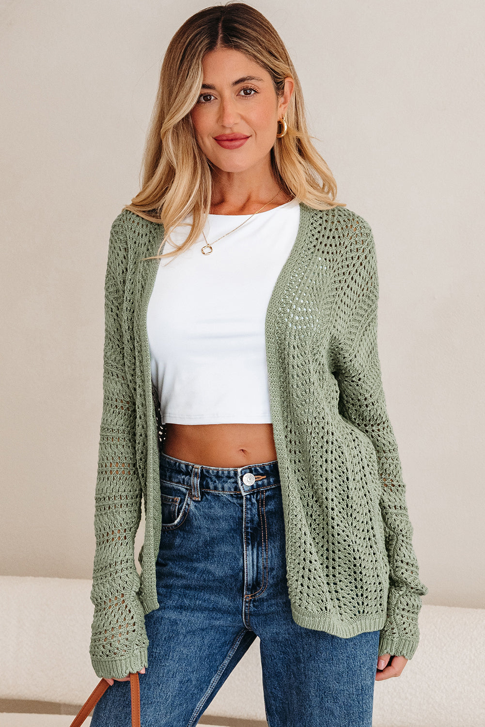 KaleaBoutique Stylish Scalloped Edge Eyelet Knit Batwing Sleeve Cardigan - KaleaBoutique.com