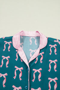 KaleaBoutique Stylish Ribbon Bow Print Silky Long Sleeve Shirt and Shorts 2pcs Pajama Set - KaleaBoutique.com