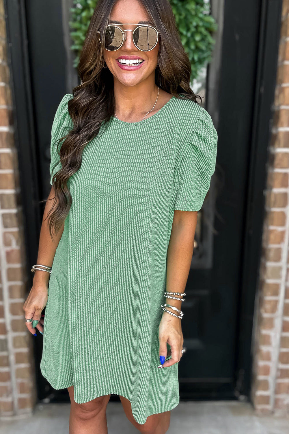 Corded Knit Crew Neck Puff Sleeve Shift Mini Dress - KaleaBoutique.com