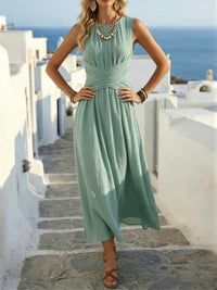 Women's Sleeveless Round-Neck Crossover-Waist Maxi Dress - KaleaBoutique.com
