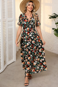 KaleaBoutique Stylish Fiery Floral Print Frilled V Neck Short Sleeve Maxi Dress - KaleaBoutique.com
