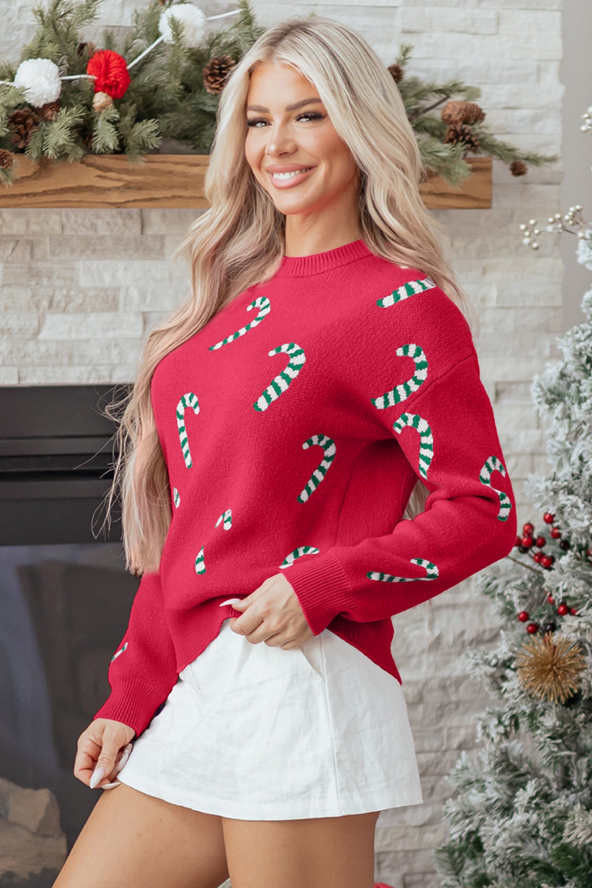 Christmas Candy Cane Holiday Drop Shoulder Sweater - KaleaBoutique.com