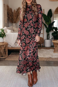 KaleaBoutique Stylish Retro Floral Print Long Sleeve Casual Mesh Dress - KaleaBoutique.com
