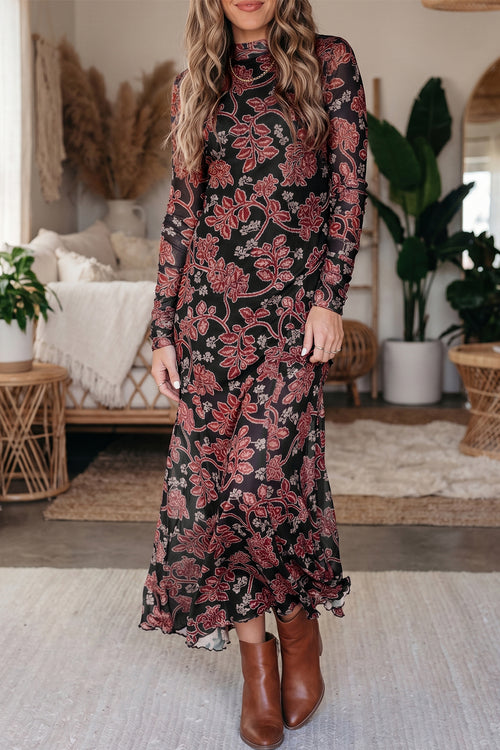KaleaBoutique Stylish Retro Floral Print Long Sleeve Casual Mesh Dress - KaleaBoutique.com