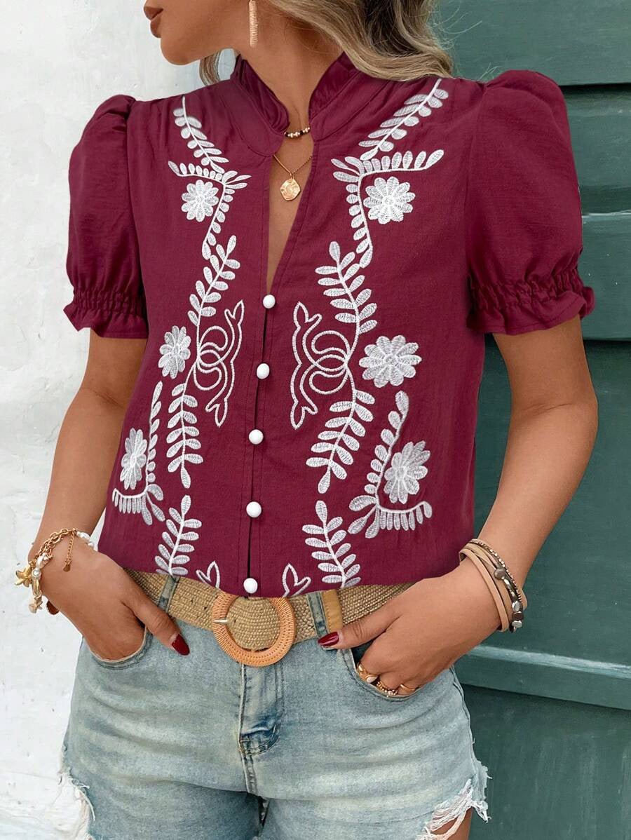 Women's Cotton Embroidered Cardigan Buckle Puff Short Sleeve - KaleaBoutique.com