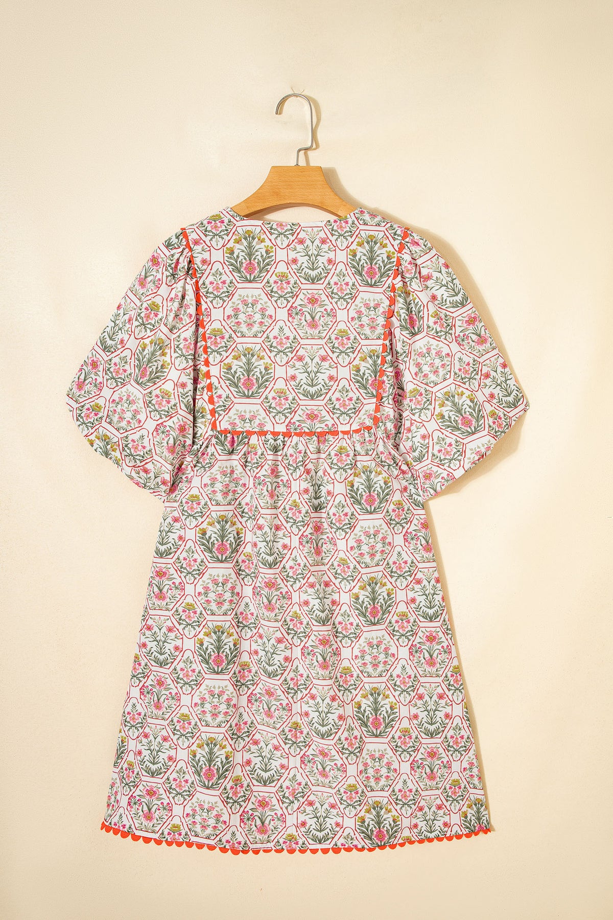 KaleaBoutique Comfortable Floral Print Tassel Tie V Neck Scalloped Detail Loose Mini Dress - KaleaBoutique.com
