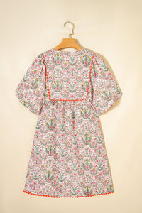 KaleaBoutique Comfortable Floral Print Tassel Tie V Neck Scalloped Detail Loose Mini Dress - KaleaBoutique.com