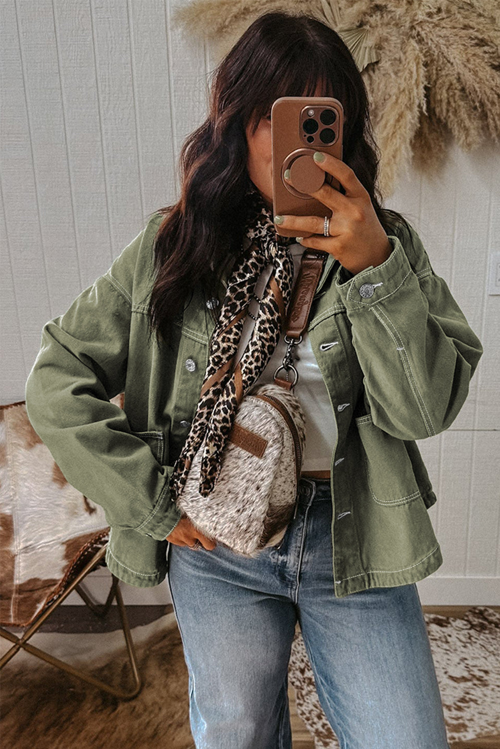 Patched Pocket Collared Button Front Boyfriend Denim Jacket - KaleaBoutique.com