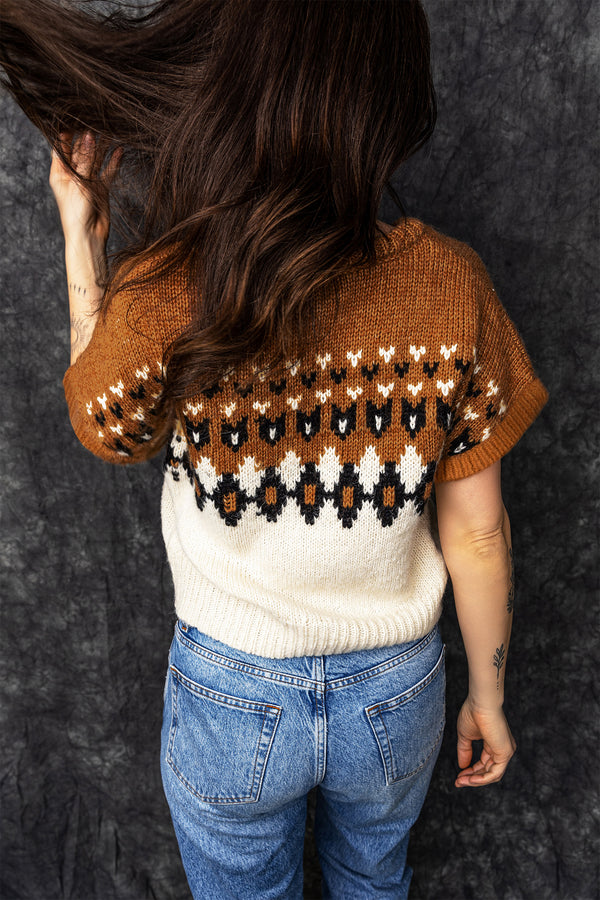 KaleaBoutique Comfortable V Neck Short Sleeve Geometric Print Western Style Knit Tee - KaleaBoutique.com