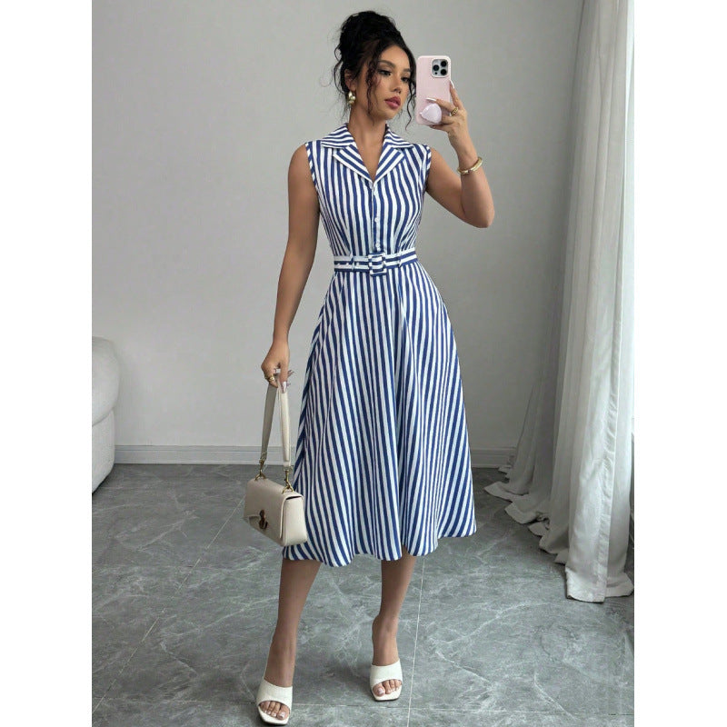 Women's Striped Sleeveless Collared Belted Midi Dress - KaleaBoutique.com