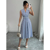 Women's Striped Sleeveless Collared Belted Midi Dress - KaleaBoutique.com