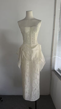 Strapless Corset Lace Midi Dress With Detachable Ruffled Overlay - KaleaBoutique.com