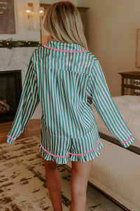 KaleaBoutique Stylish Contrast Ricrac Trim Long Sleeve Shirt Drawstring Ruffled Pajama Short Set - KaleaBoutique.com