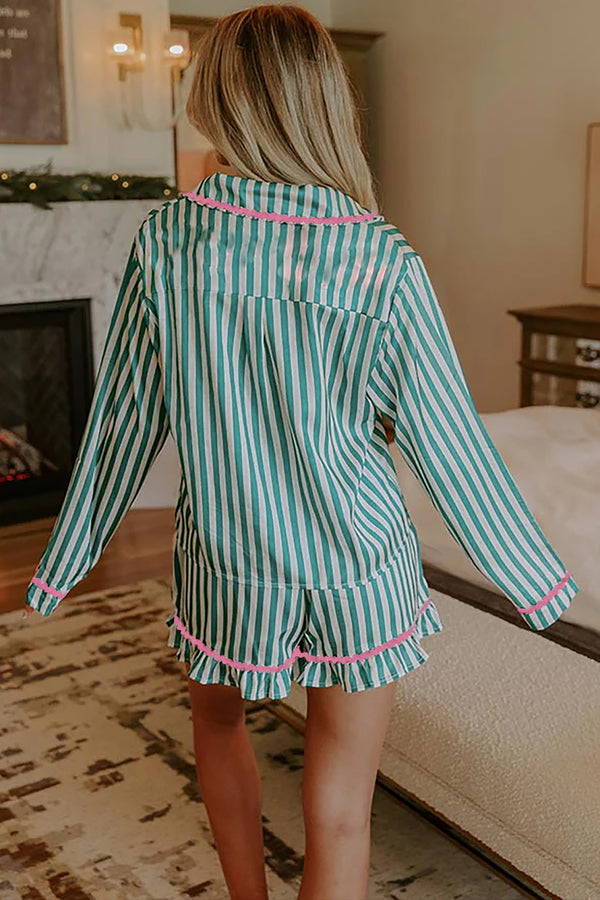 KaleaBoutique Stylish Contrast Ricrac Trim Long Sleeve Shirt Drawstring Ruffled Pajama Short Set - KaleaBoutique.com