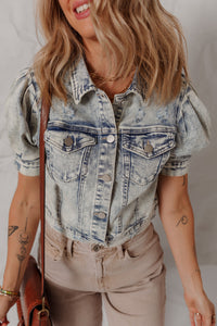 Light Wash Buttoned Chest Pocket Puff Sleeve Denim Jacket - KaleaBoutique.com