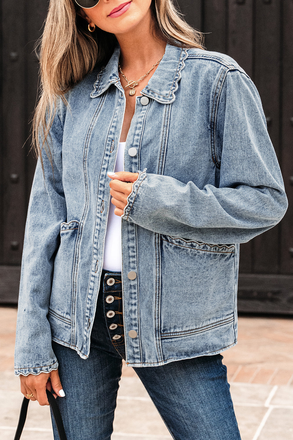 Scallop Trim Collar Patched Pocket Button Up Mineral Washed Denim Jacket - KaleaBoutique.com