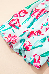Floral Print Contrast Trim V Neck Bubble Short Sleeve Babydoll Dress - KaleaBoutique.com