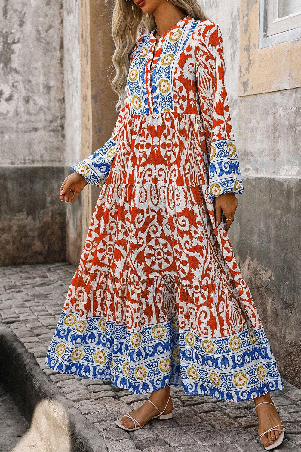 Boho Geometric Printed Long Sleeve Maxi Dress - KaleaBoutique.com