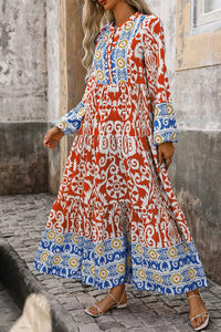 Boho Geometric Printed Long Sleeve Maxi Dress - KaleaBoutique.com