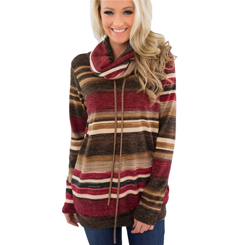 Women's Multicolor Striped Cowl-Neck Pullover with Drawstrings - KaleaBoutique.com