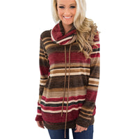 Women's Multicolor Striped Cowl-Neck Pullover with Drawstrings - KaleaBoutique.com